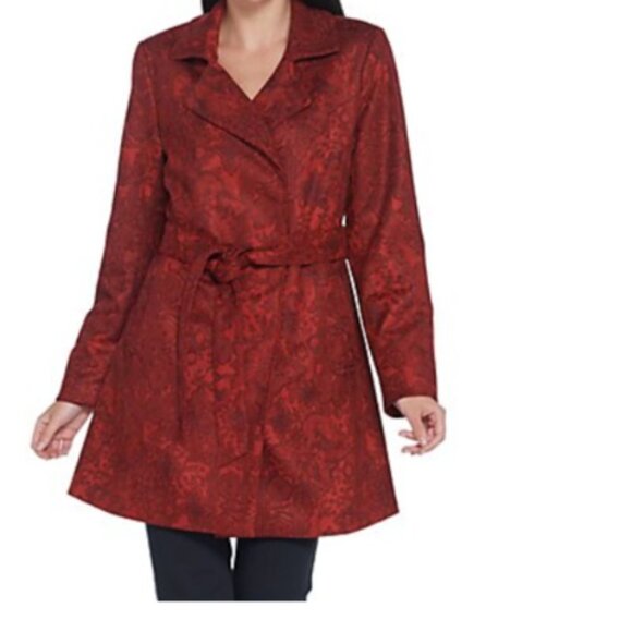Dennis Basso Printed Suede Belted Trench Coat RED XS NEW - Picture 1 of 13
